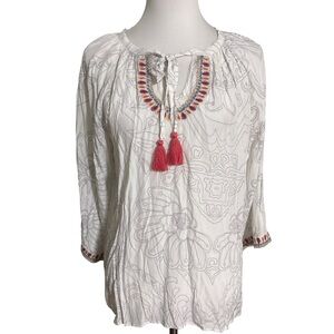 Love Kyla Hand Made Indian Bohemian White Blouse with Pink Tassels
